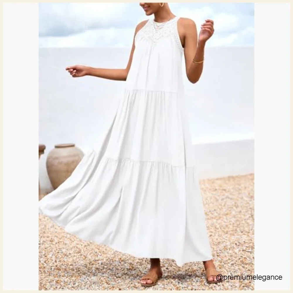 Halter Hollow Out Maxi Dress Sleeveless Boho Sundress Casual Beach Vacation - Picture 5 of 7